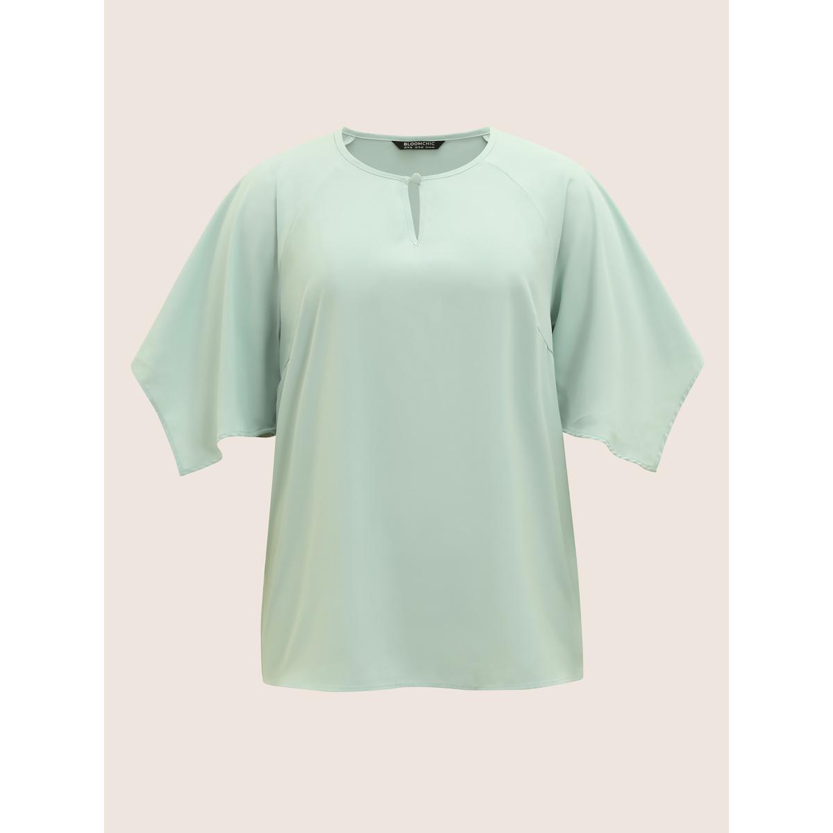 Plus Size Mint Solid Raglan Sleeve Keyhole Button Up Blouse Women Work From Home Elbow-length sleeve Notched collar Office Blouses BloomChic 26/4X Product Image