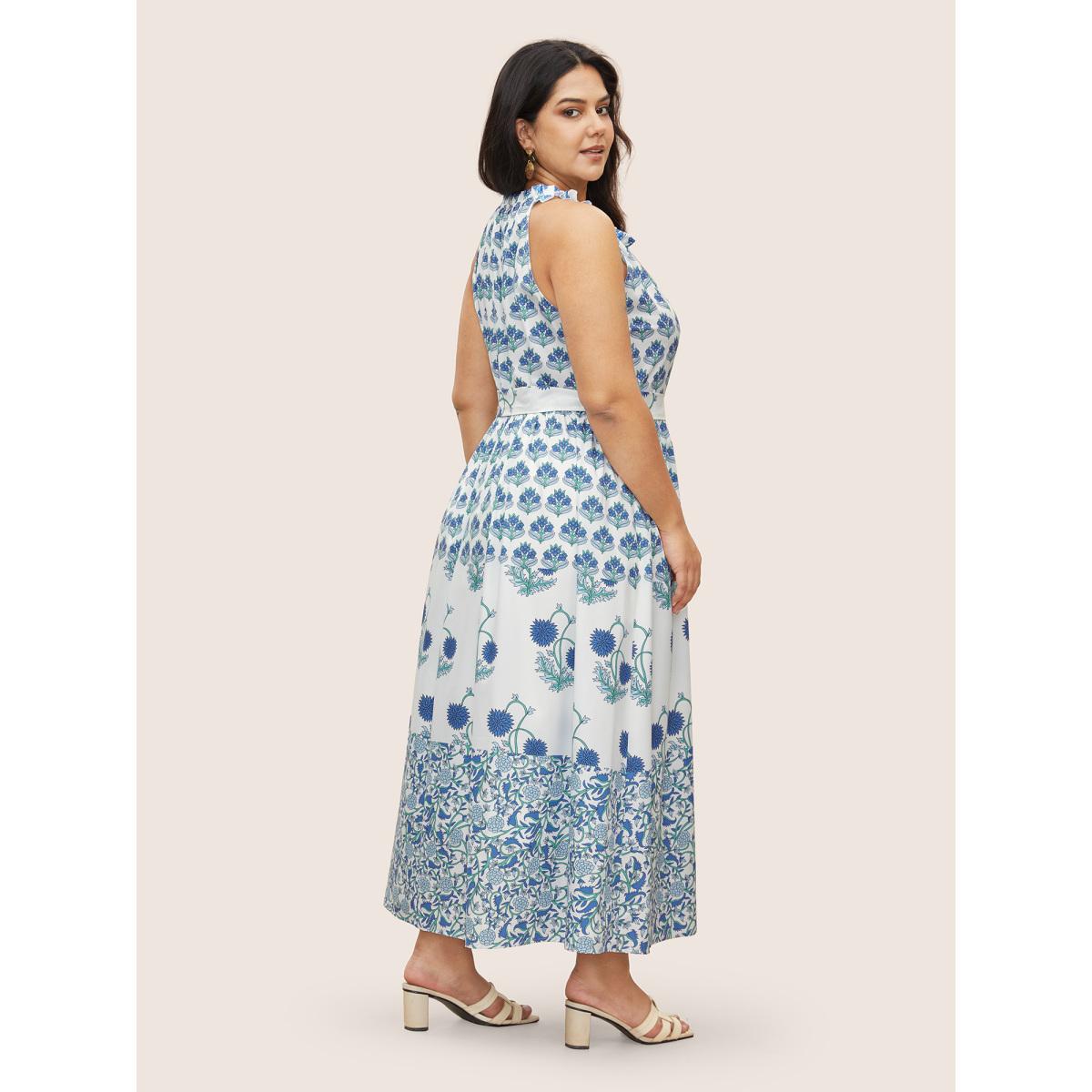 Plus Size Boho Print Notched Collar Tassel Sleeveless Dress Blue Women Resort Tie knot Notched collar Sleeveless Curvy Midi Dress BloomChic 28/5X Product Image