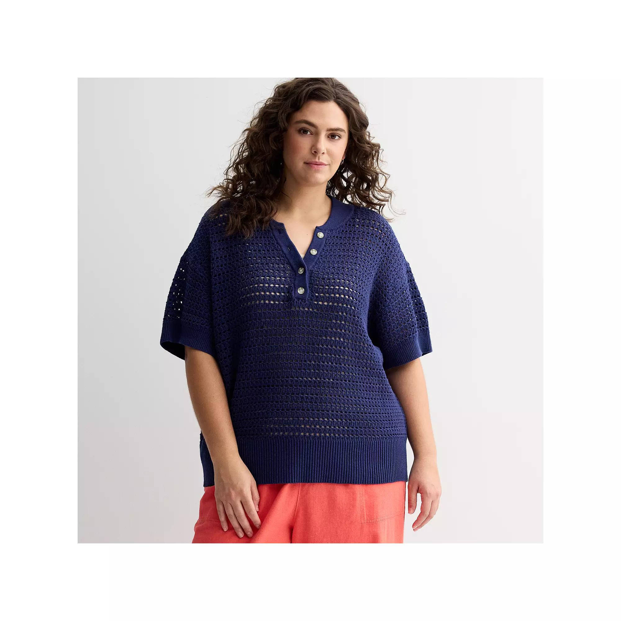 Plus Size Sonoma Goods For Life® Short Sleeve Henley Sweater, Women's, Size: 3XL, Blue Beauty Product Image