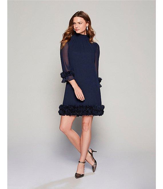Alex Marie Amelia Smocked Turtleneck Floral Petal Detail Illusion Ruffle Trim 3/4 Sleeve Chiffon Dress Product Image
