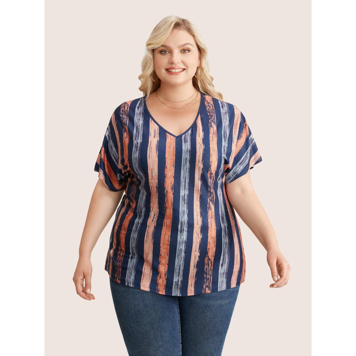 Plus Size Striped Contrast Dolman Sleeve V Neck T-shirt OrangeRed Women Casual Striped V-neck Everyday T-shirts BloomChic 26/4X Product Image