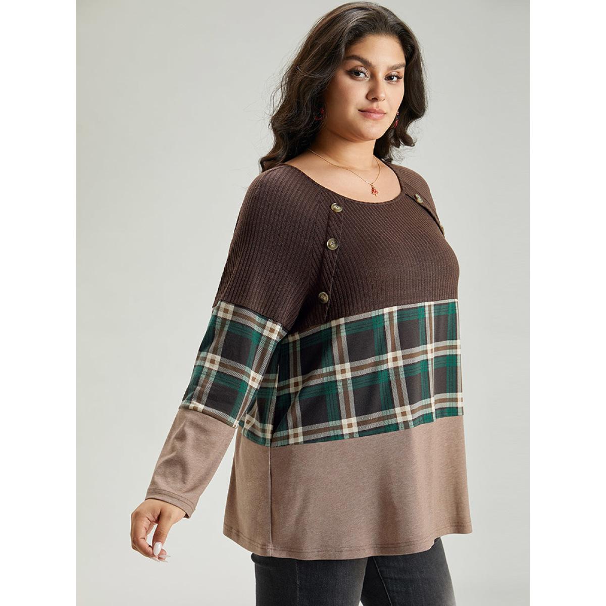Plus Size Colorblock Plaid Patchwork Button Detail T-shirt DarkBrown Women Casual Contrast Plaid Round Neck Festival-Christmas T-shirts BloomChic 14-16/1X Product Image