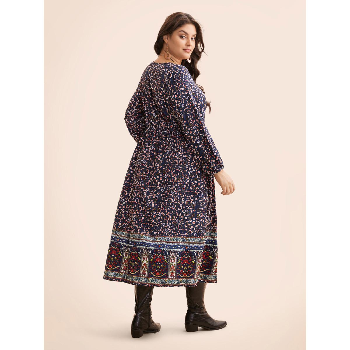 Plus Size Boho Print Lantern Sleeve Midi Dress DarkBlue Women Resort Non V-neck Long Sleeve Curvy BloomChic 10/M Product Image