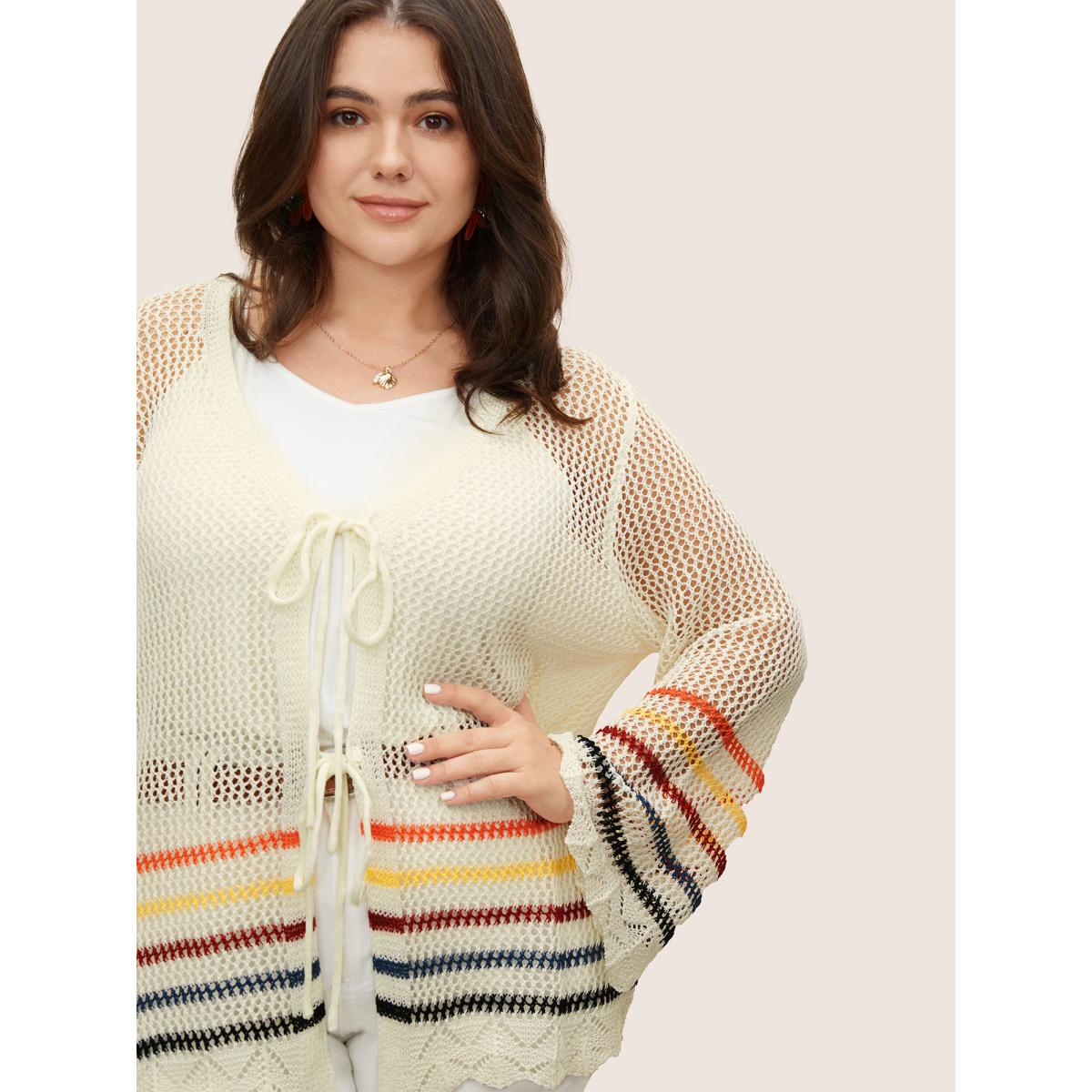 Plus Size Colored Striped Cut Out Tie Knot Coat Women Originalwhite Casual Tie knot Loose Ladies Everyday Winter Coats BloomChic 28/5X Product Image