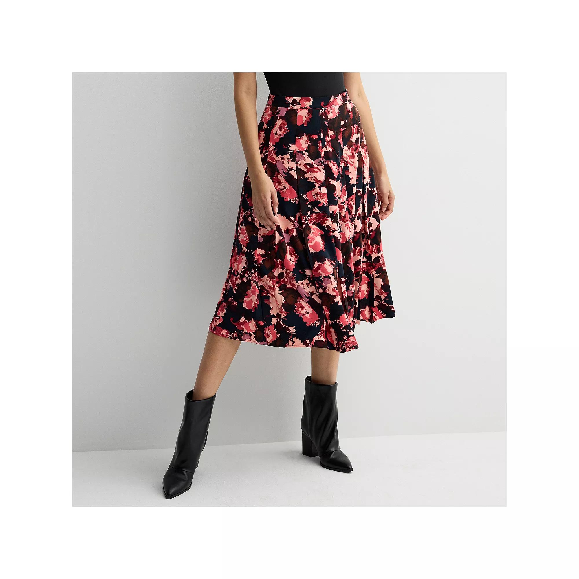 Womens Nine West Pleated Crepe Midi Skirt Pink Abstract Flora Product Image