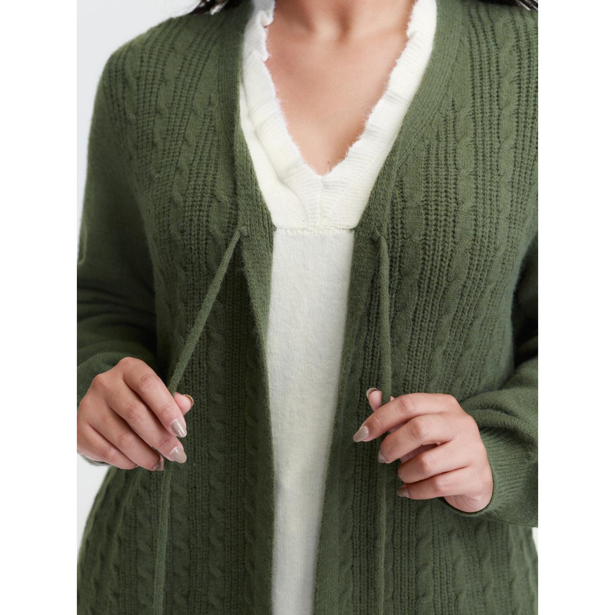 Plus Size 2-in-1 Cableknit Layered Tie Pullover DarkGreen Women Leisure Loose Long Sleeve V-neck Casual Pullovers BloomChic 18-20/2X Product Image