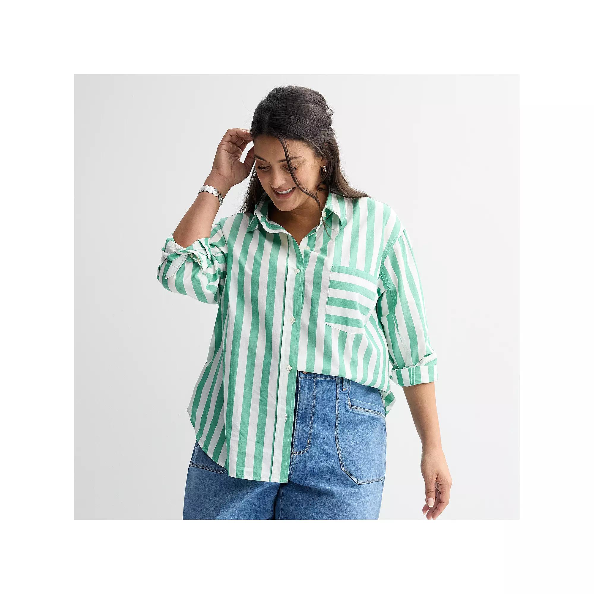 Plus Size Sonoma Goods For Life® Oversized Boyfriend Shirt, Women's, Size: 3XL, White Green Stripe Product Image