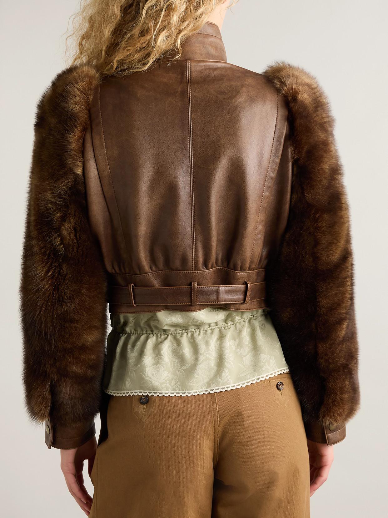 CHLOÉ Leather Jacket With Belted Waist And Fur Sleeves In Brown Product Image