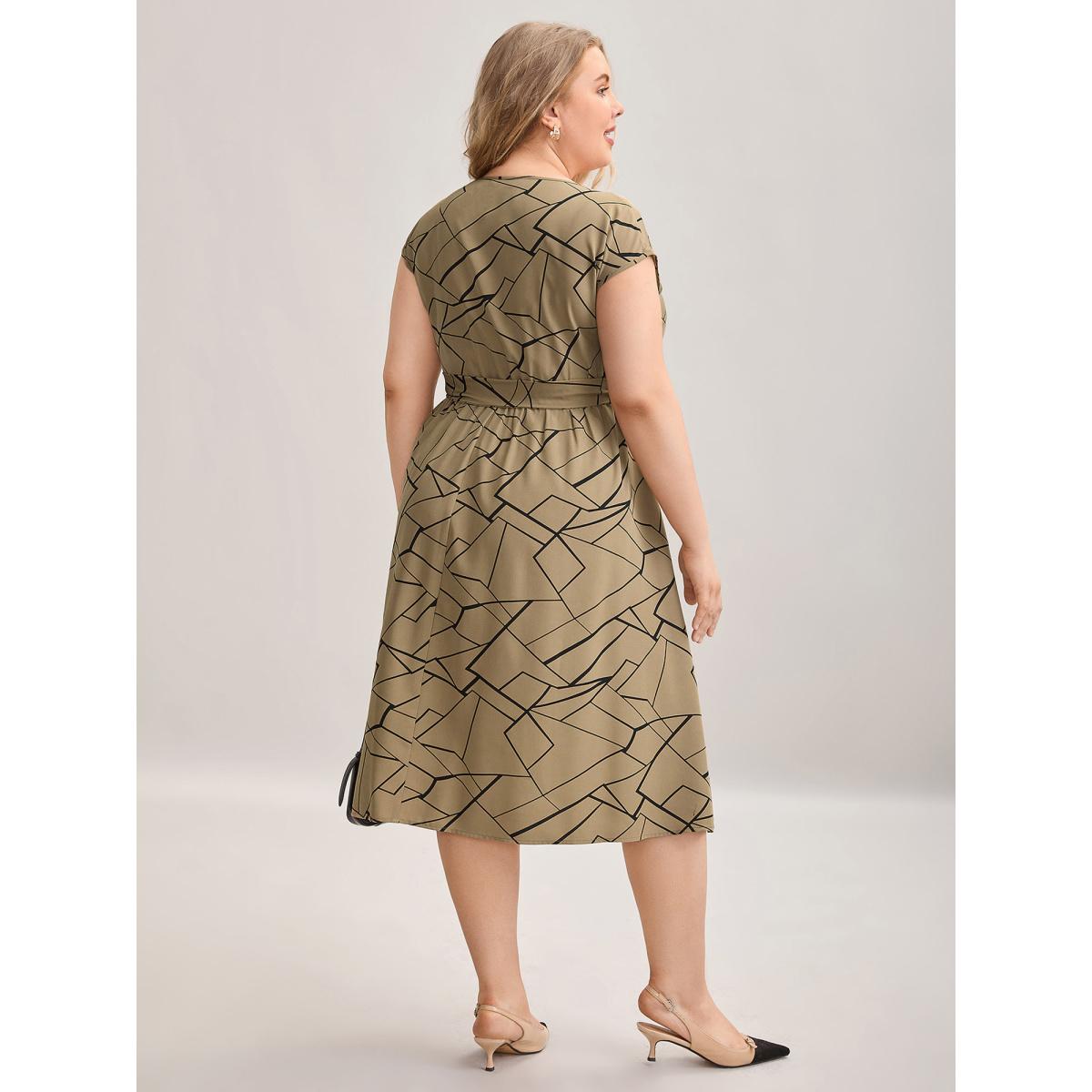 Plus Size Geometric Print Side Tied Midi Dress LightBrown Women At the Office Belted V-neck Sleeveless Curvy BloomChic 18-20/2X Product Image