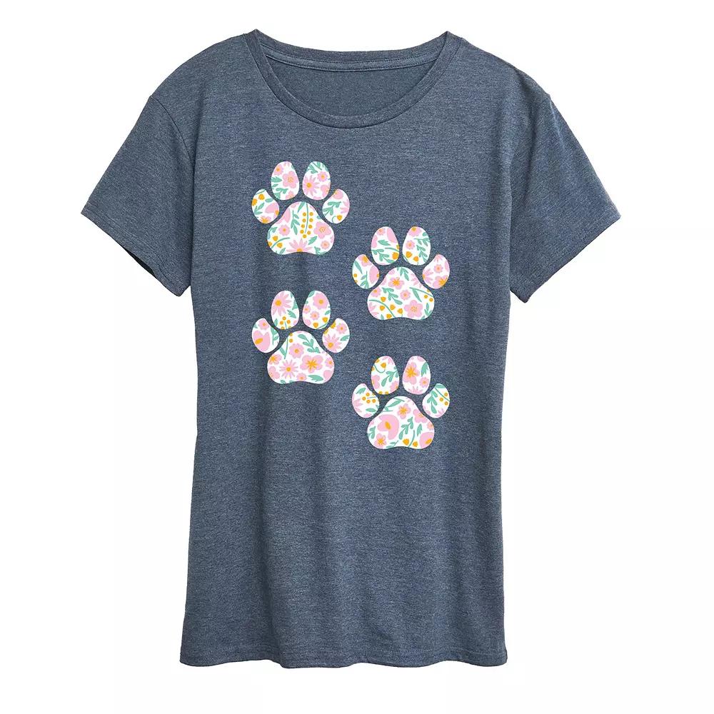 Women's Floral Dog Paw Prints Graphic Tee,  Product Image