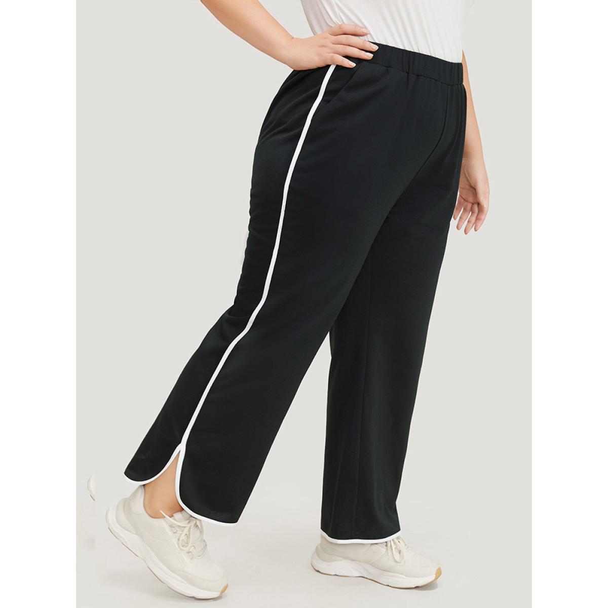 Contrast Pocket Seam Detail Split Hem Sweatpants Black Plus Size Women Casual Dailywear Contrast 12/L Bloomchic Product Image