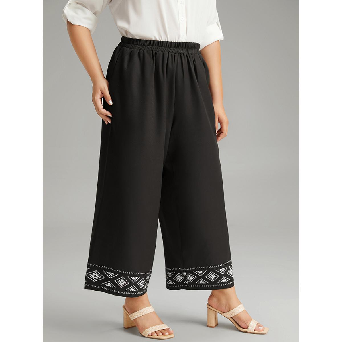 Plus Size Boho Print Elastic Waist Straight Leg Pants Women Black Vacation Straight Leg High Rise Dailywear Pants BloomChic 12/L Product Image