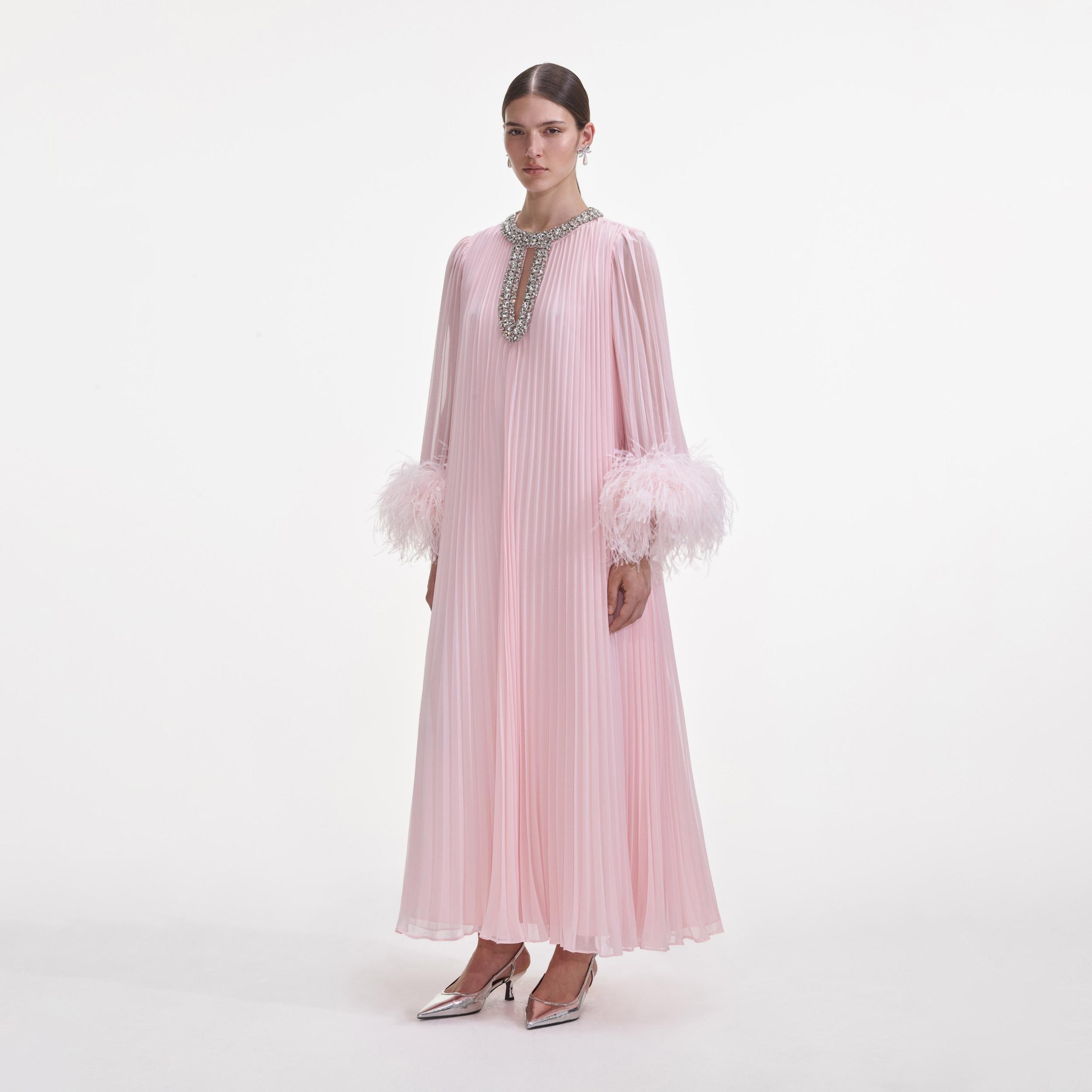 Pink Chiffon Feather Midi Dress Product Image