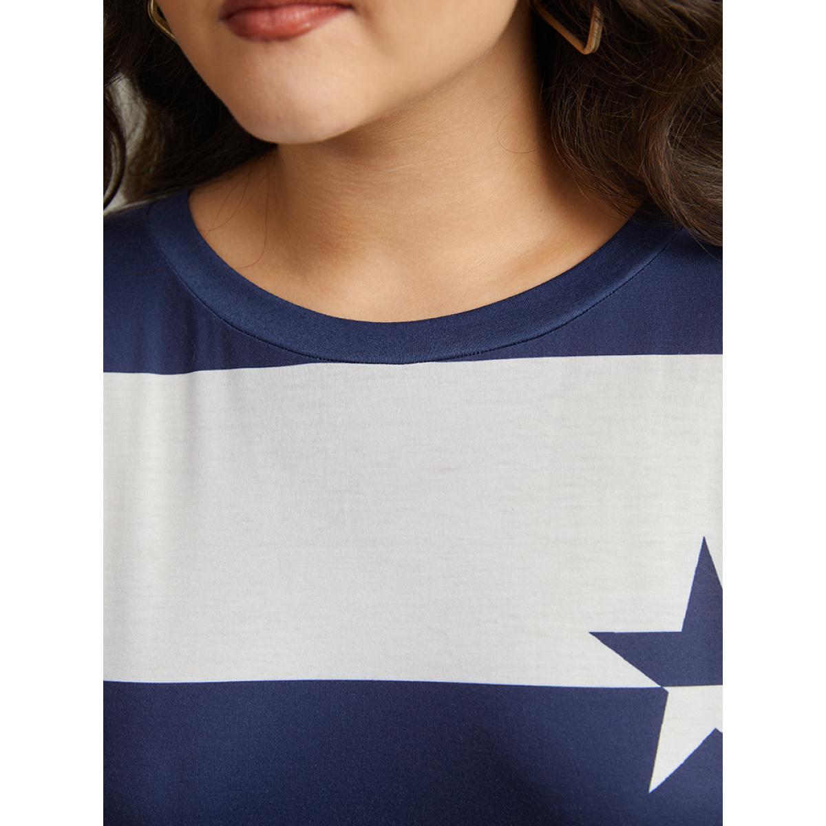 Plus Size Striped & Star Contrast Crew Neck T-shirt Blue Women Casual Contrast Moon and Star Round Neck Dailywear T-shirts BloomChic 10/M Product Image