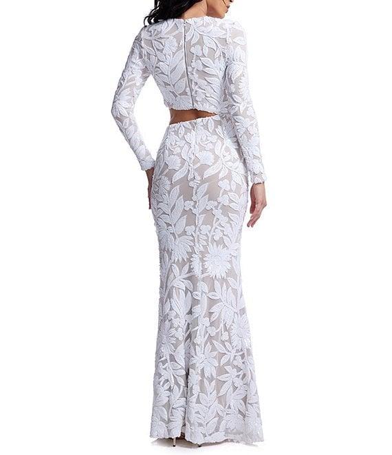 Dress the Population Candace Floral Sequin Mesh Round Neck Long Sleeve Cutout Gown Product Image