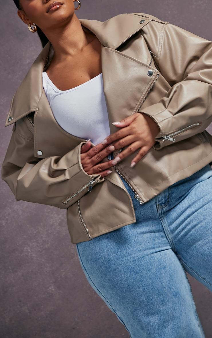 Plus Taupe Faux Leather Quilted Lining Oversized Biker Jacket Product Image