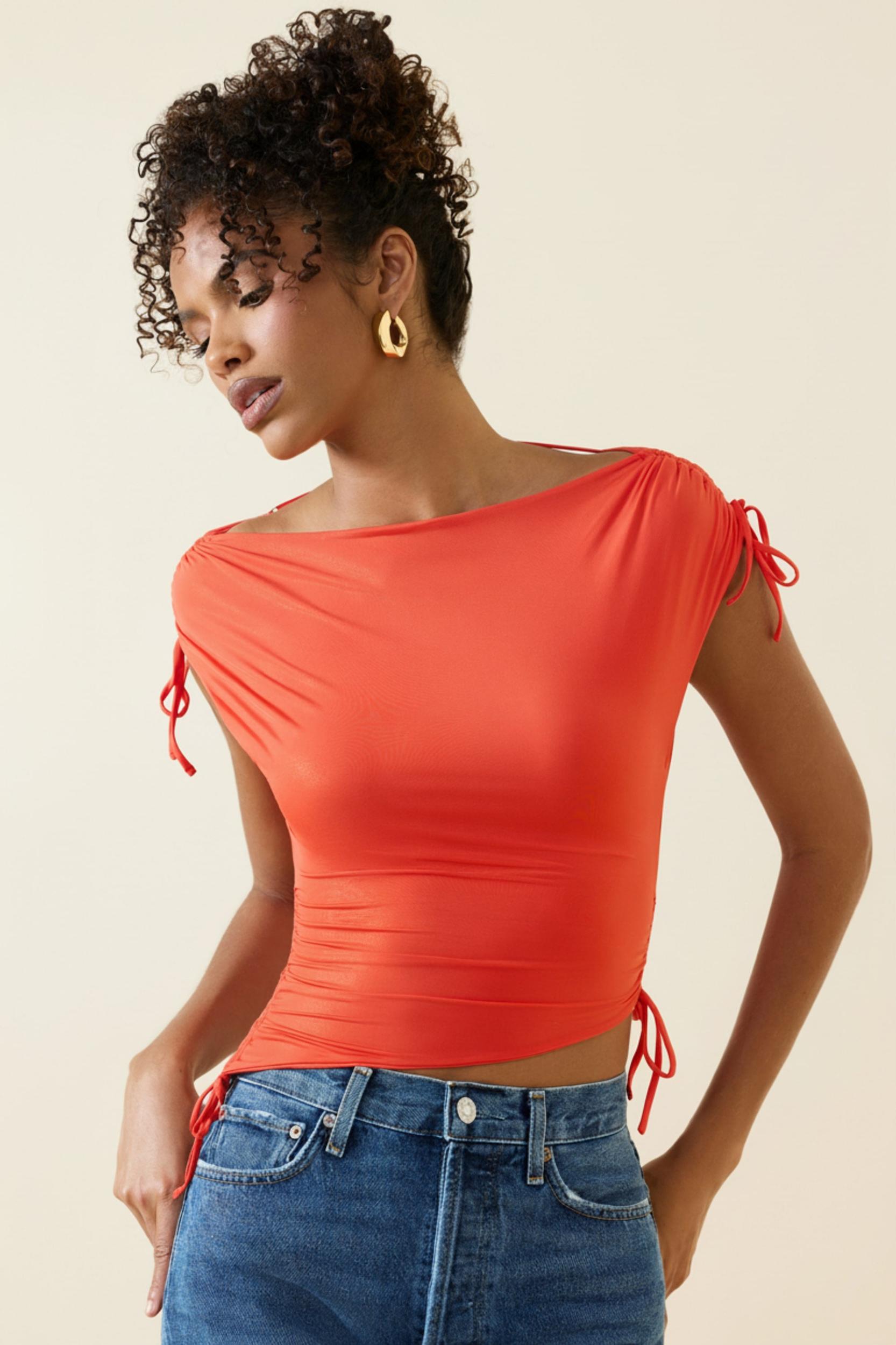Asymmetric Ruched Cowl-Back Crop Top in Scarlet Female Product Image