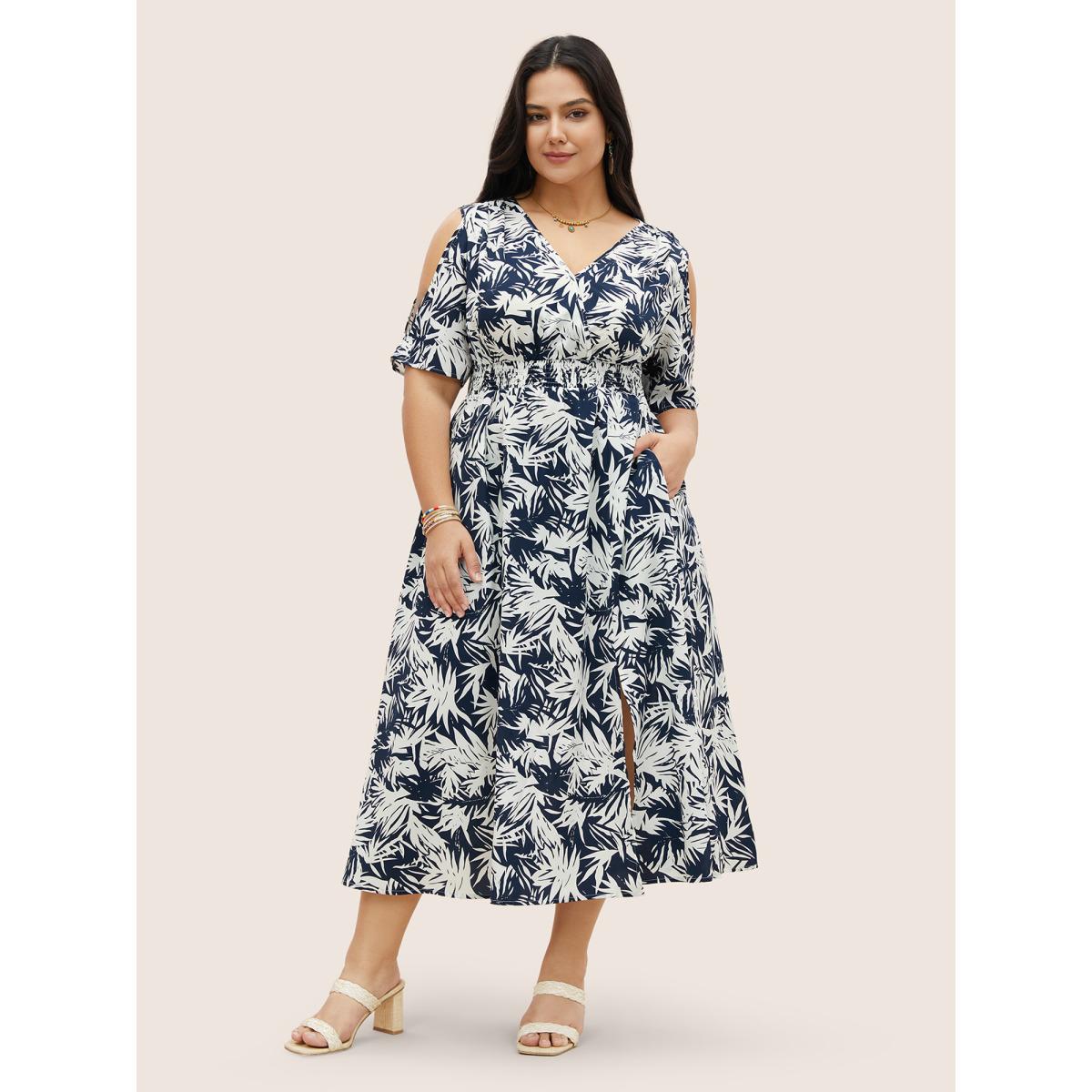 Plus Size Tropical Print Overlap Collar Shirred Cut Out Dress DarkBlue Women Resort Overlapping Overlap Collar Short sleeve Curvy Midi Dress BloomChic 30/6X Product Image