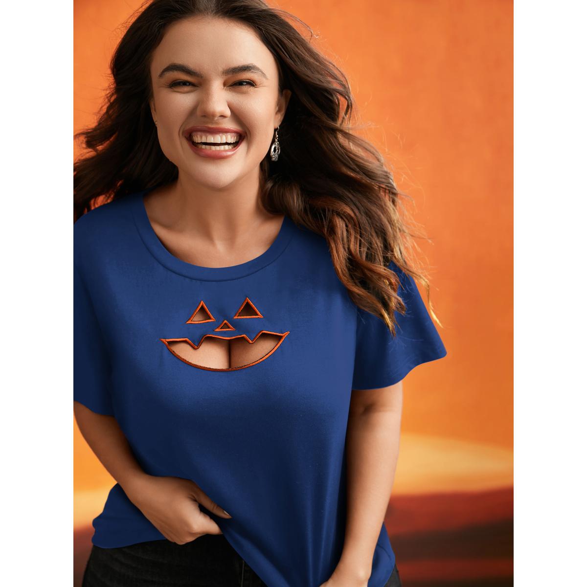 Plus Size Jack-O-Lantern Neck Hollow Embroidered T-shirt RedViolet Women Playful Cut-Out Halloween Round Neck Casual T-shirts BloomChic 14-16/1X Product Image