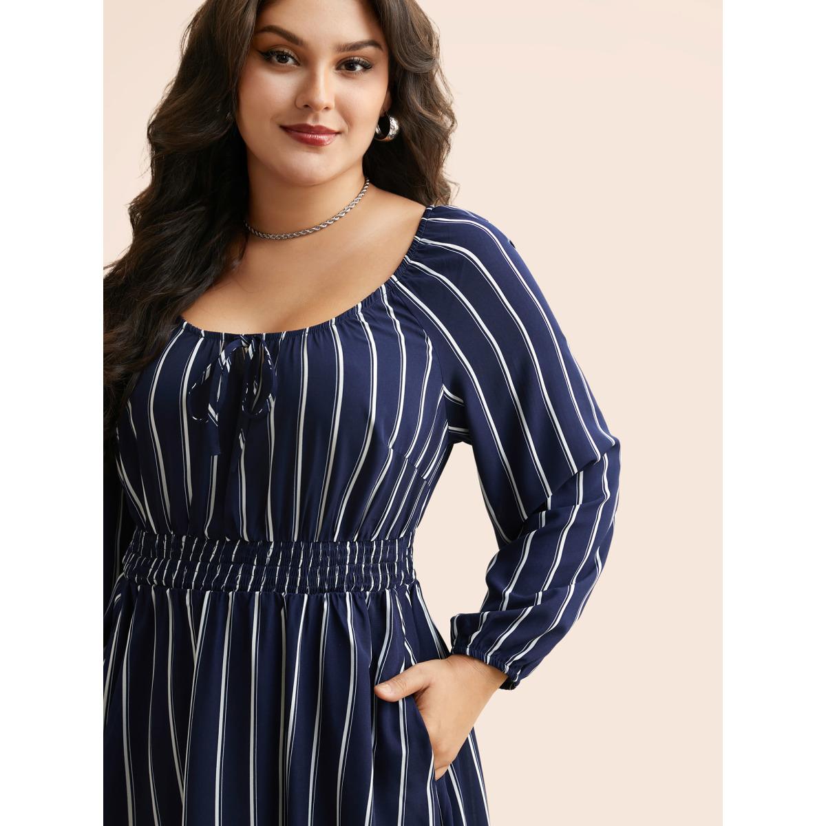 Plus Size Striped Shirred Lantern Sleeve Maxi Dress DarkBlue Women Elegant Tie knot U-neck Long Sleeve Curvy BloomChic 14-16/1X Product Image