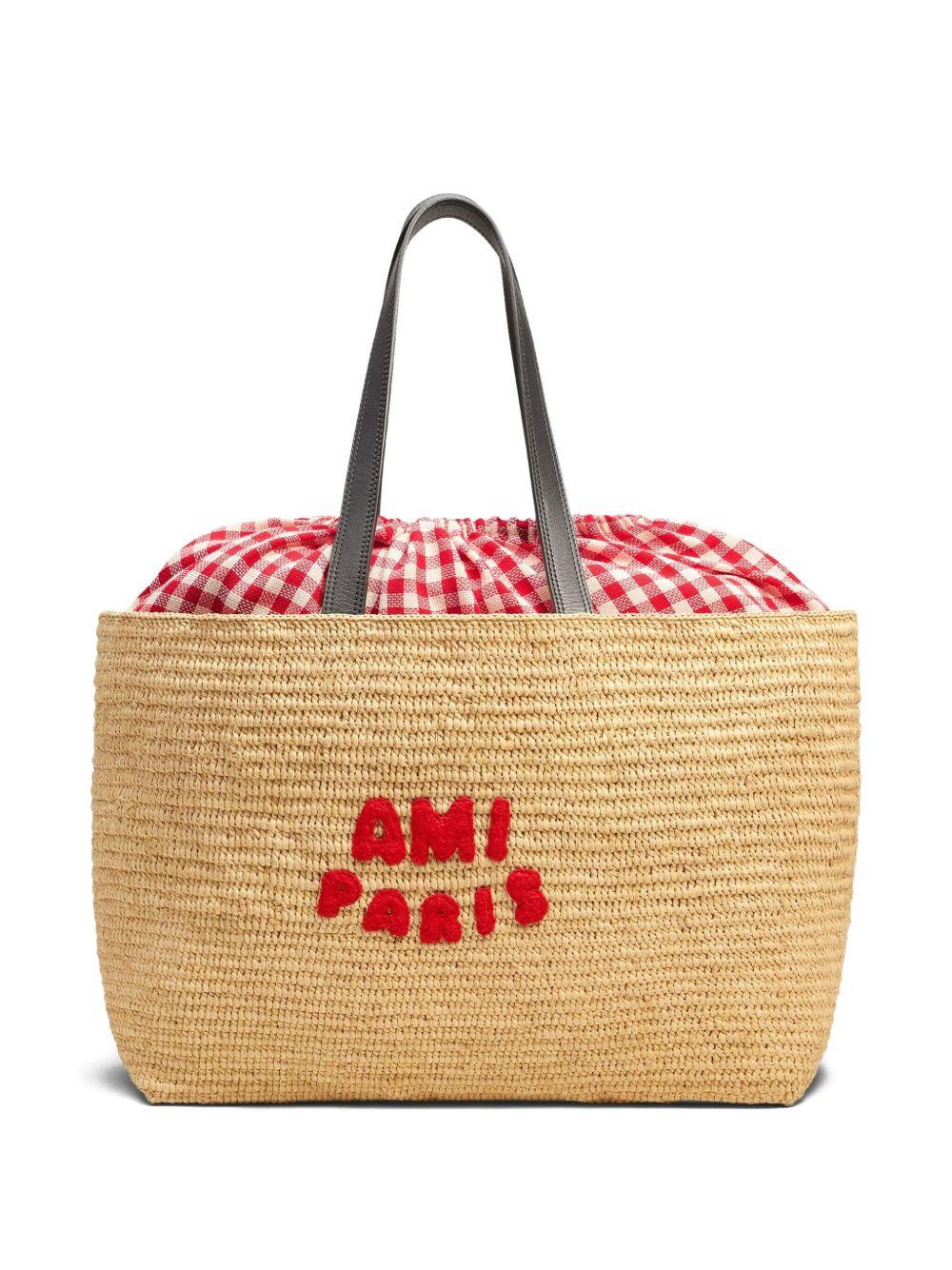 logo-embroidered raffia tote bag Product Image