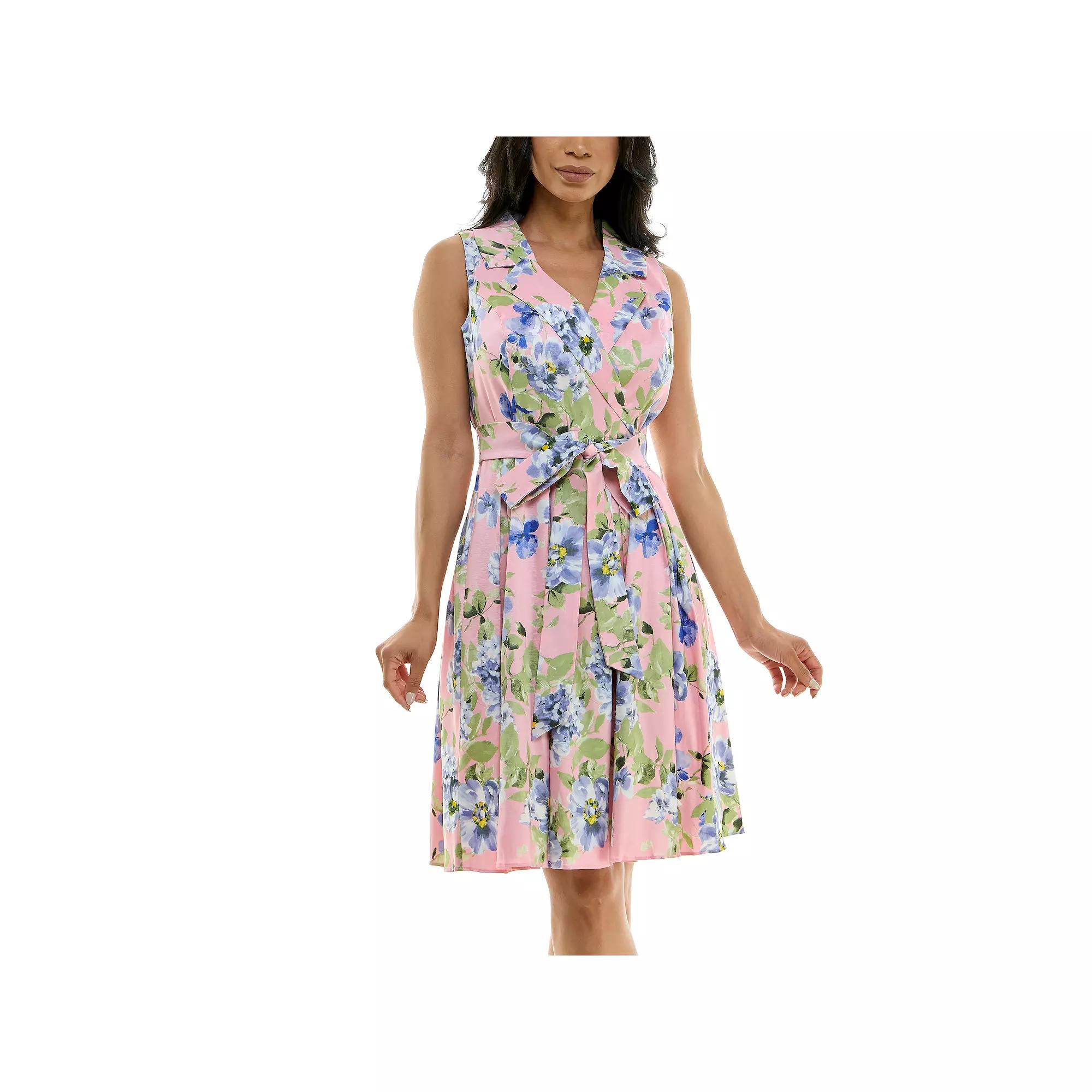 Women's Nina Leonard Floral Print Tie Waist Collared Sleeveless Fit & Flare Dress,  Product Image