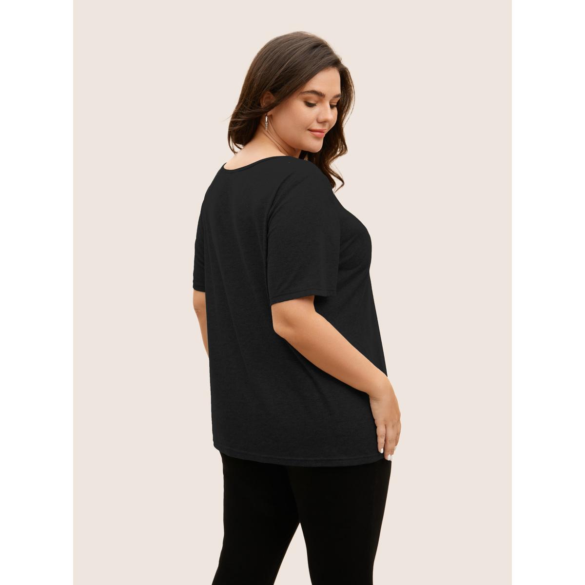 Plus Size Solid Heather Crisscross Medium Stretch T-shirt Black Women Casual Cut-Out V-neck Everyday T-shirts BloomChic 12/L Product Image