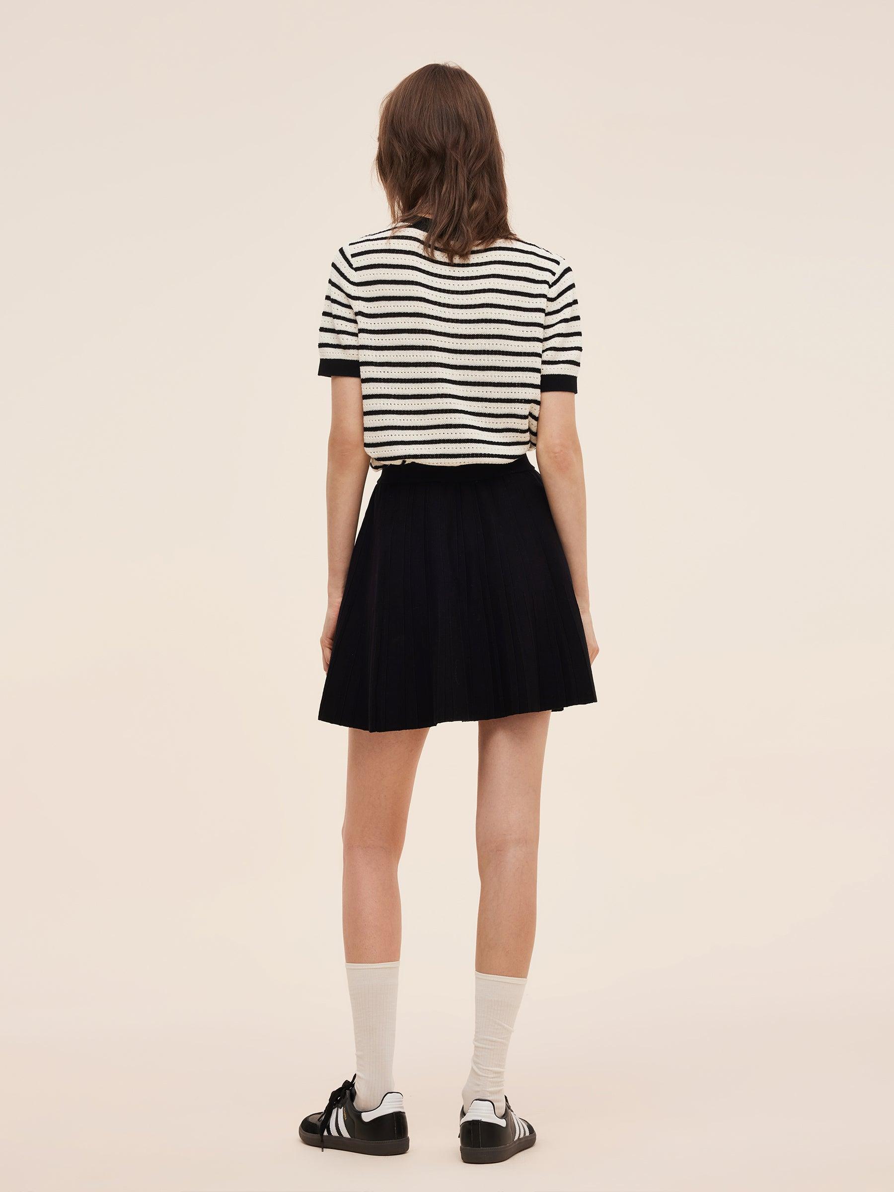 100% Cotton Stripe Women Openwork Knit T-Shirt Product Image