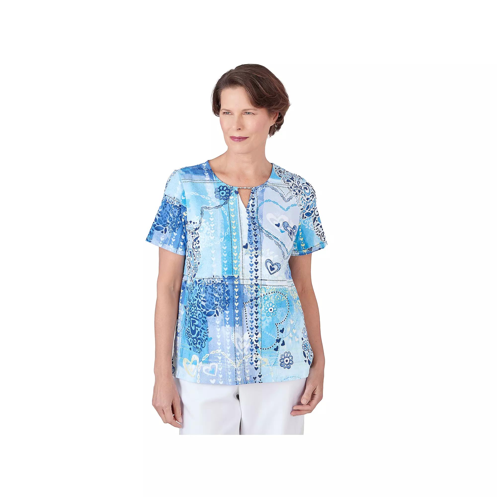Women's Alfred Dunner Patchwork Hearts Split Neck Tee, Size: Large, Blue Product Image
