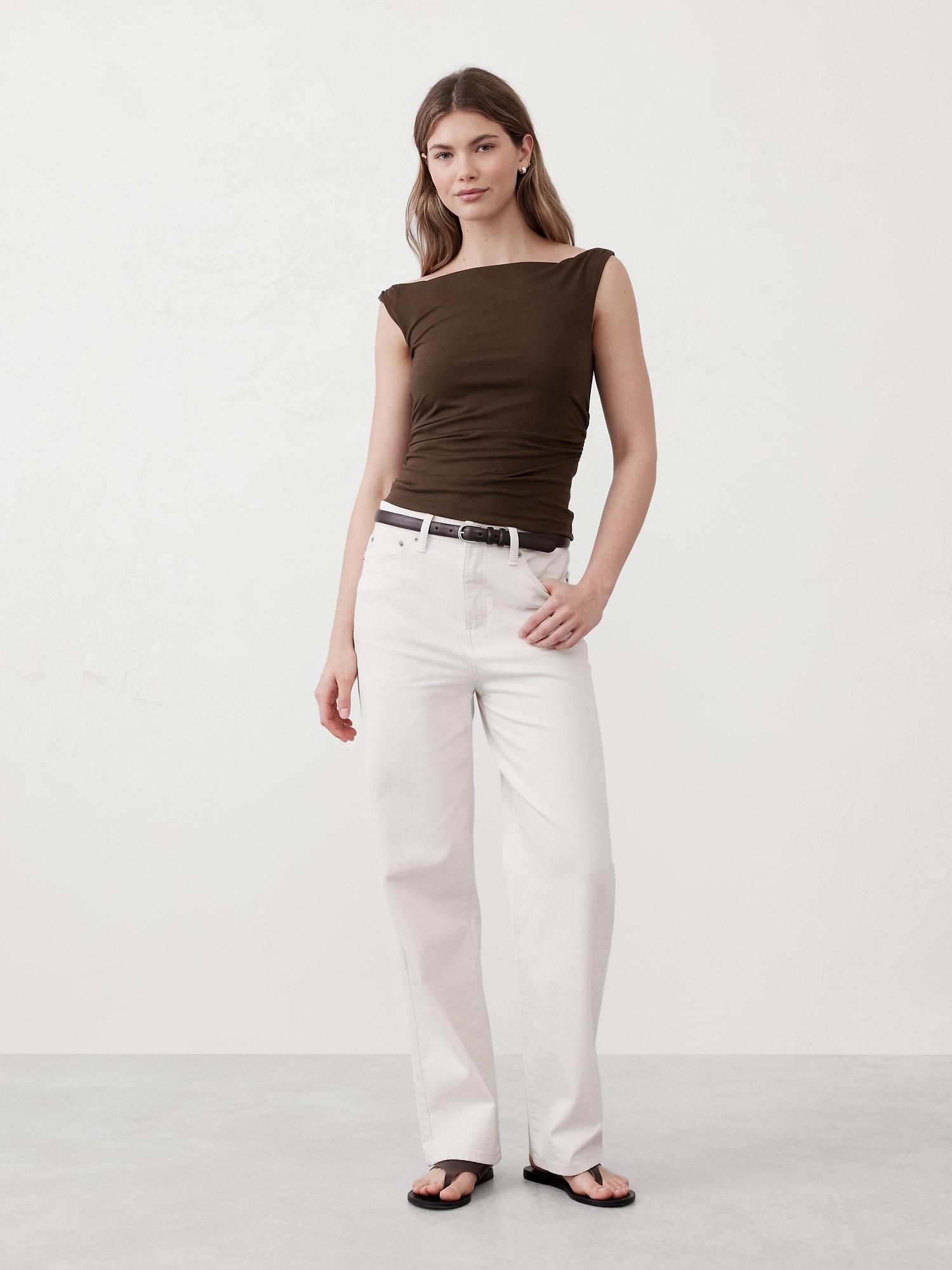 Soft Stretch Shirred-Waist Boat-Neck Top Product Image