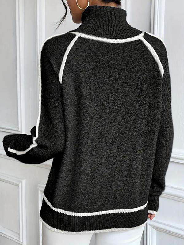 Long Sleeves Loose Contrast Color Split-Joint High Neck Sweater Tops Product Image