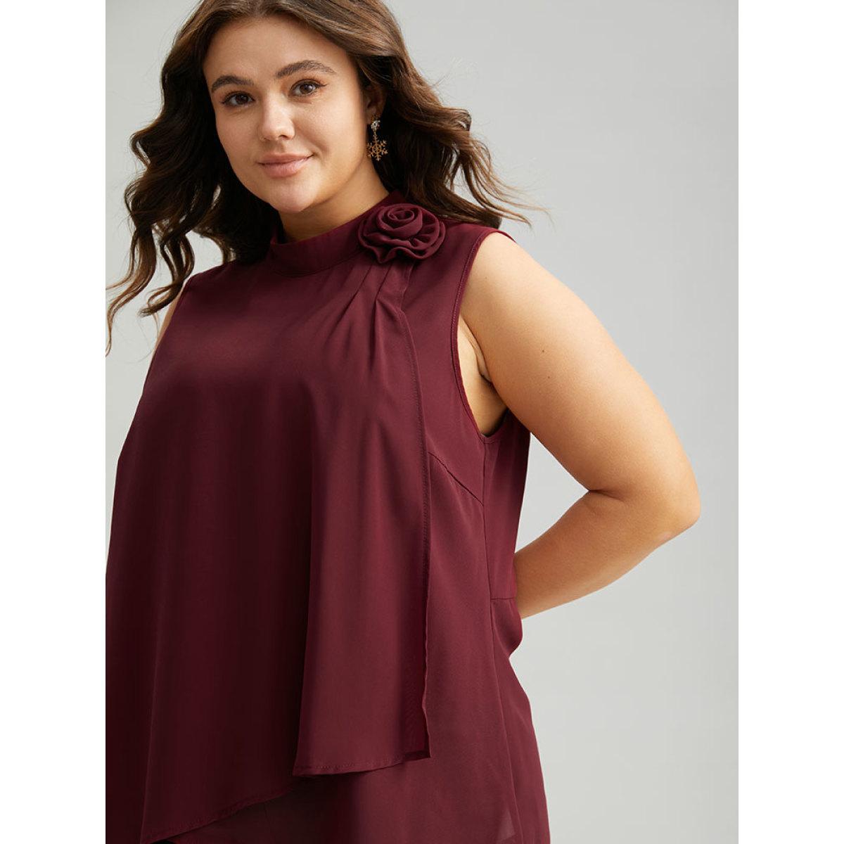 Plus Size Rose Detail Layered High Low Hem Chiffon Tank Top Women Burgundy Casual Plain Mock Neck Festival-Christmas Tank Tops Camis BloomChic 18-20/2X Product Image