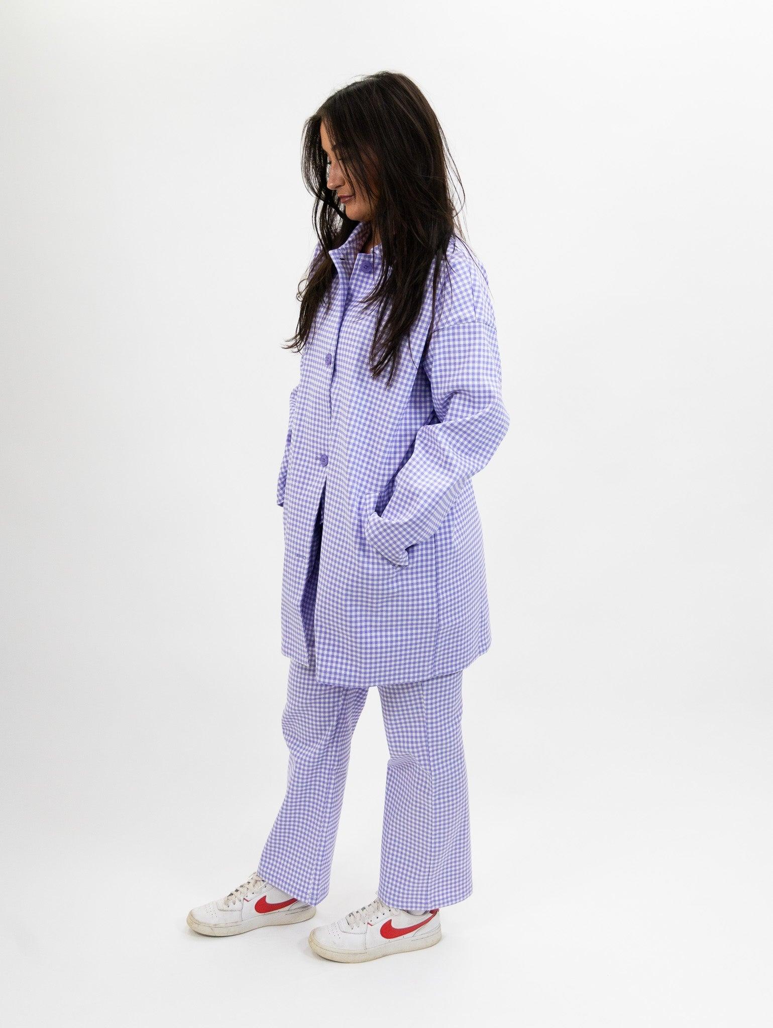Compania Fantastica Straight lilac gingham check pants & Lilac gingham neoprene trench coat Product Image