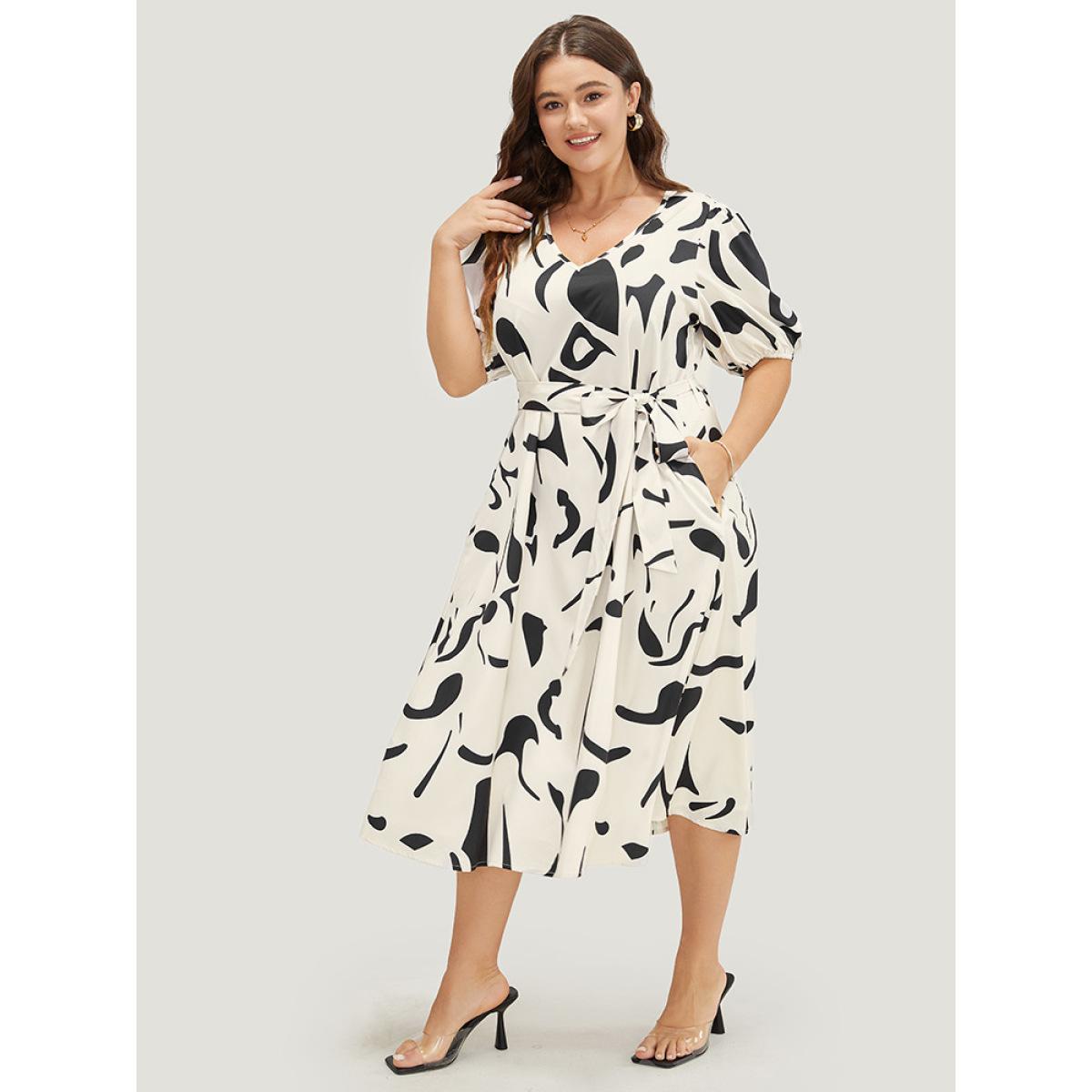 Plus Size Geometric Print Pocket Flutter Hem Belted Puff Sleeve Dress Multicolor Women Elegant Belted V-neck Short sleeve Curvy Midi Dress BloomChic 22-24/3X Product Image