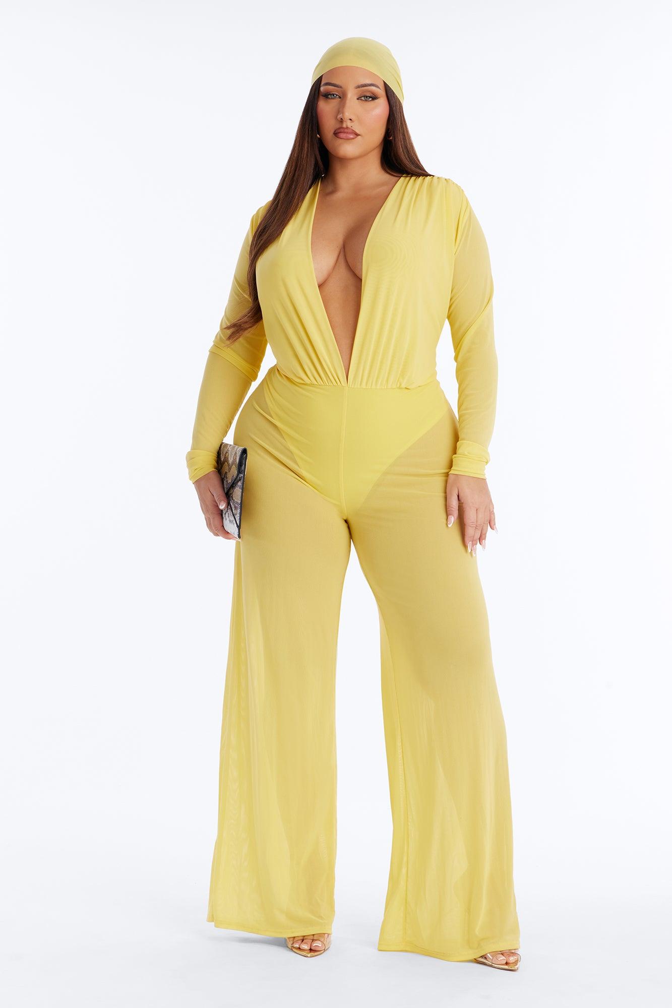 Sara Plunge Neck Jumpsuit And Headscarf 2 Piece Set - Butter Yellow Female Product Image