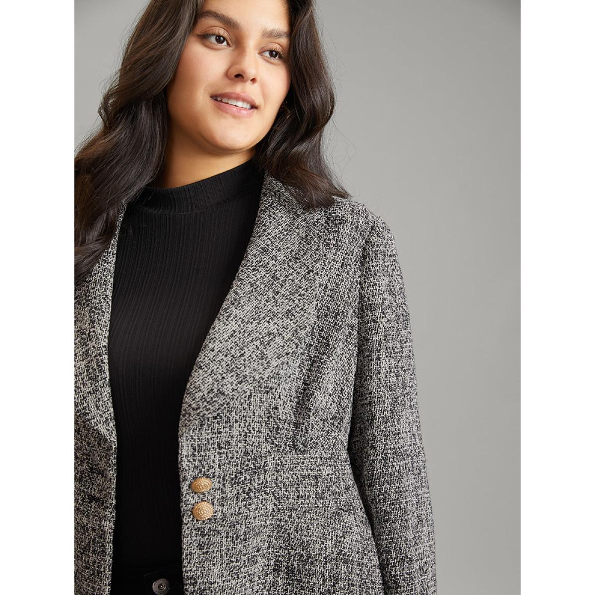 Plus Size Solid Texture Suit Collar Buckle Detail Blazer Black Women Office Plain Texture Sleeve Long Sleeve Suit Collar 10/M At the Office Blazers BloomChic Product Image