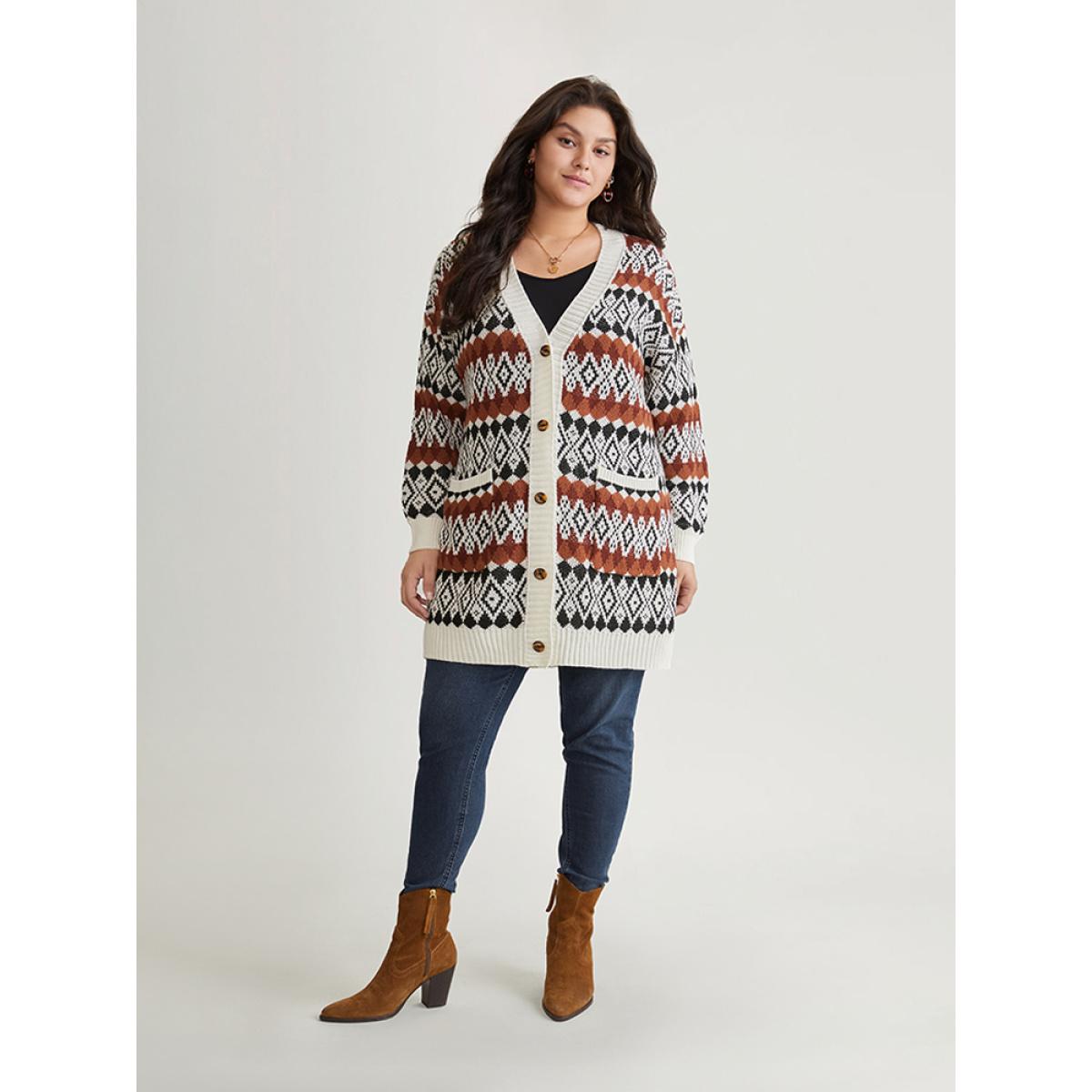 Plus Size Geometric Jacquard Pocket Button Up Cardigan Chocolate Women Casual Loose Long Sleeve Dailywear Cardigans BloomChic 12/L Product Image