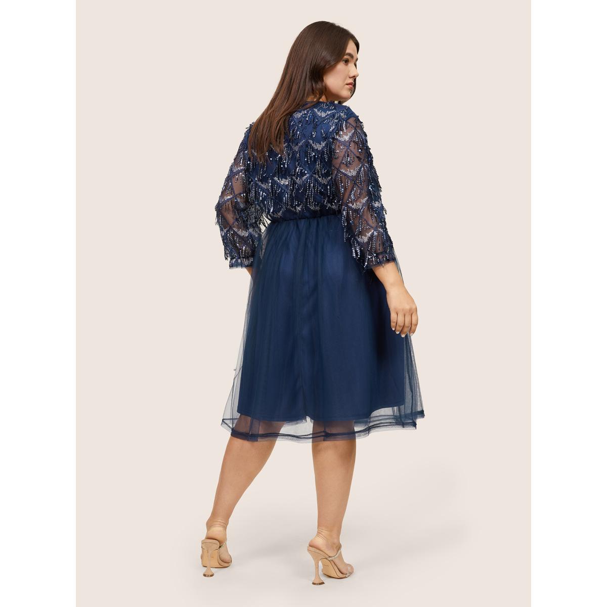 Plus Size Sequin Tassels Plisse Patchwork Mesh Knee Dress DarkBlue Women Cocktail Sequin V-neck Elbow-length sleeve Curvy Midi Dress BloomChic 12/L Product Image