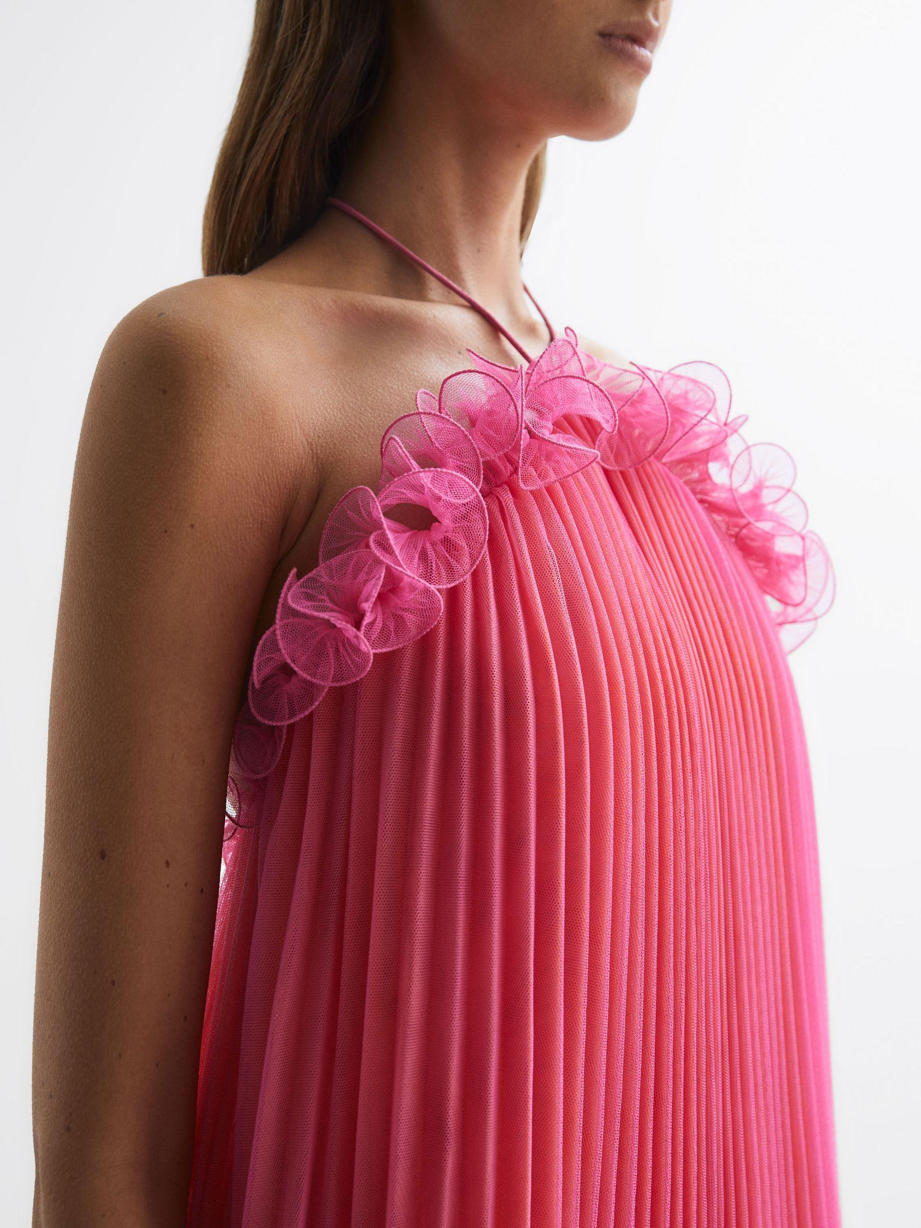 Amur Halter Neck Pleated Mini Dress in Orange Punch Product Image