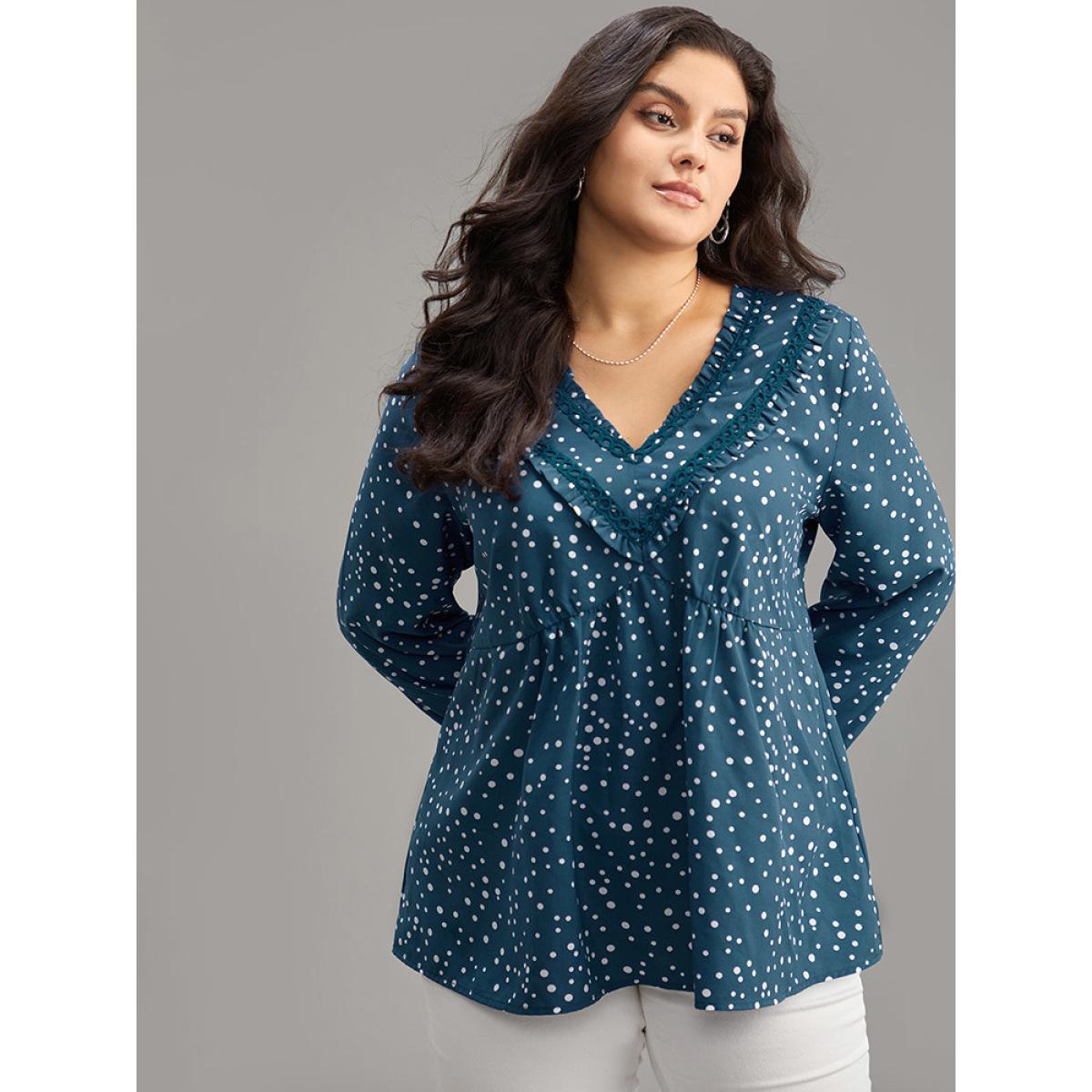 Plus Size Aegean Guipure Lace Polka Dot Blouse Women Elegant Long Sleeve V-neck Dailywear Blouses BloomChic 18-20/2X Product Image