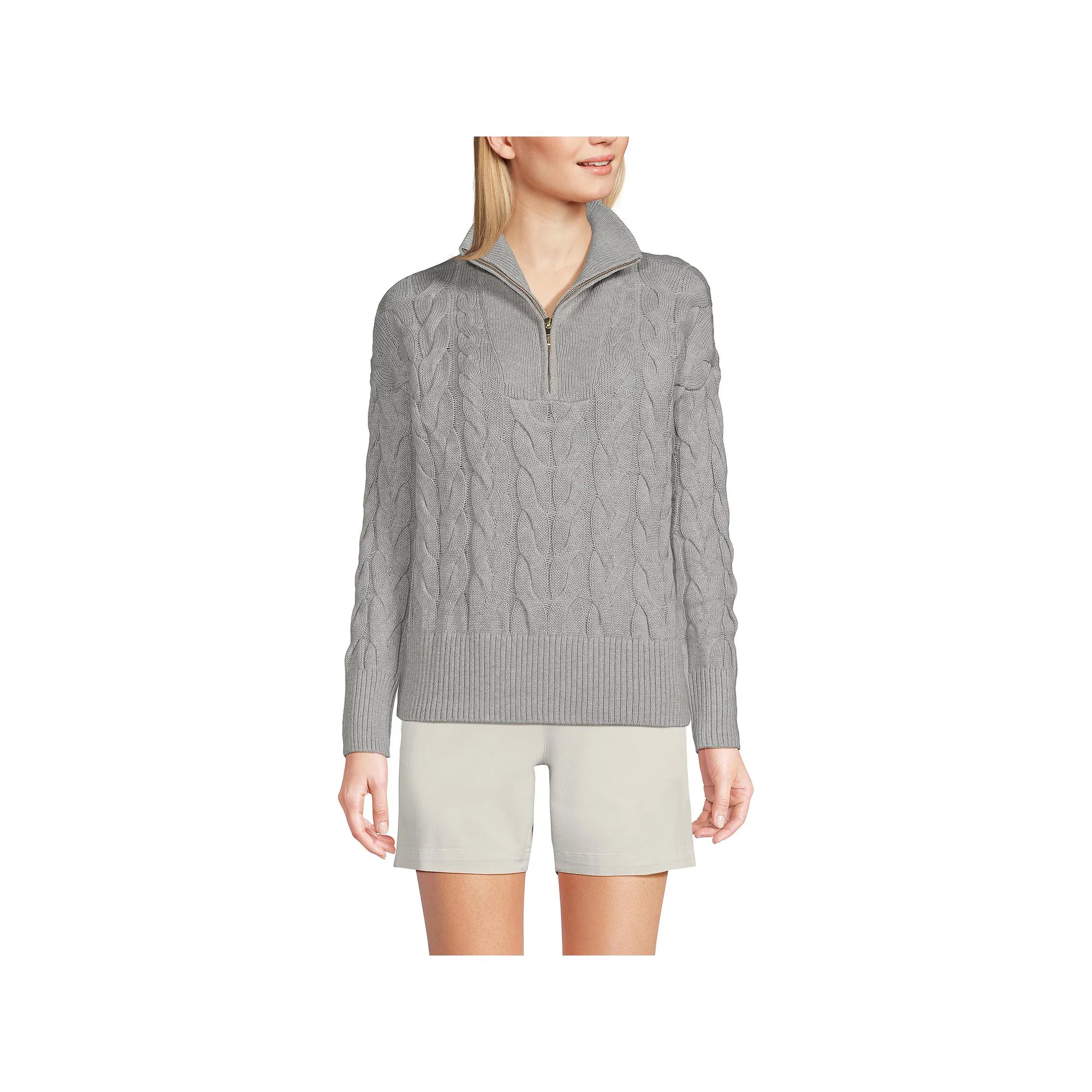 Women's Lands' End Drifter Cable Quarter Zip Sweater, Size: XL, Gray Grey Product Image
