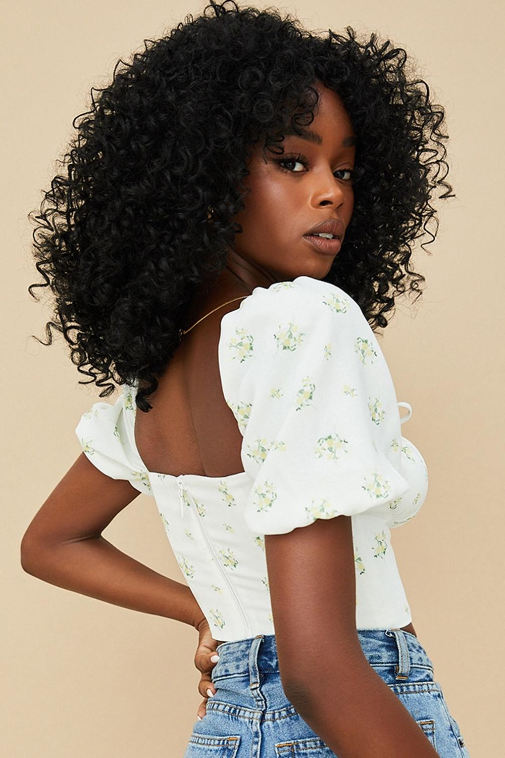 Arianna  ivory floral puff sleeve cropped top Product Image
