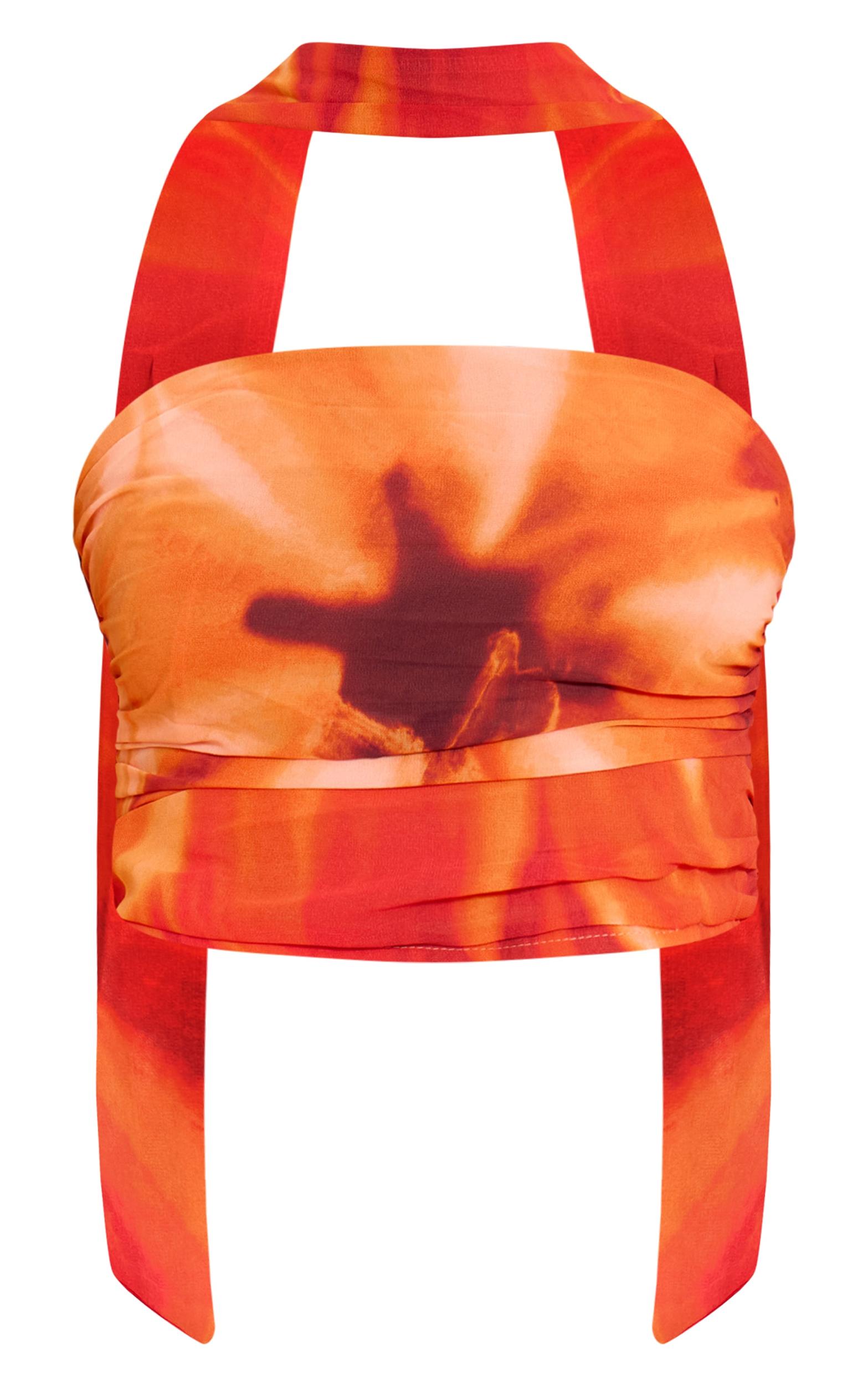 Orange Floral Printed Chiffon Scarf Detail Ruched Bandeau Top Product Image