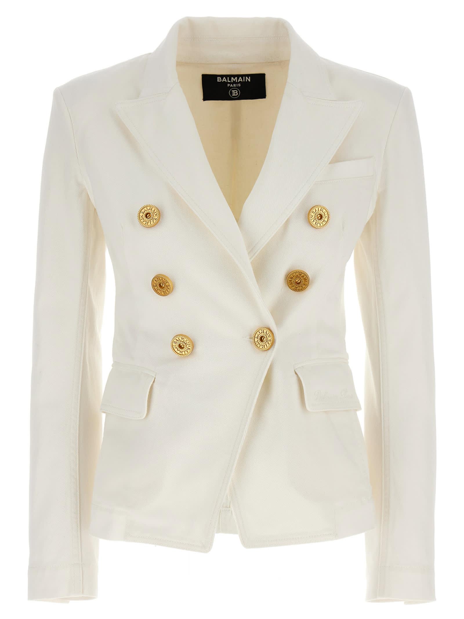 BALMAIN Double-breasted Structured Denim Blazer With Peak Lapel In White Product Image
