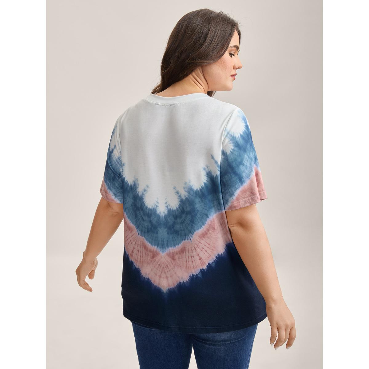 Plus Size Tie-Dye Print Round Neck T-Shirt Multicolor Women Contrast Round Neck Everyday-Casual T-shirts BloomChic 22-24/3X Product Image