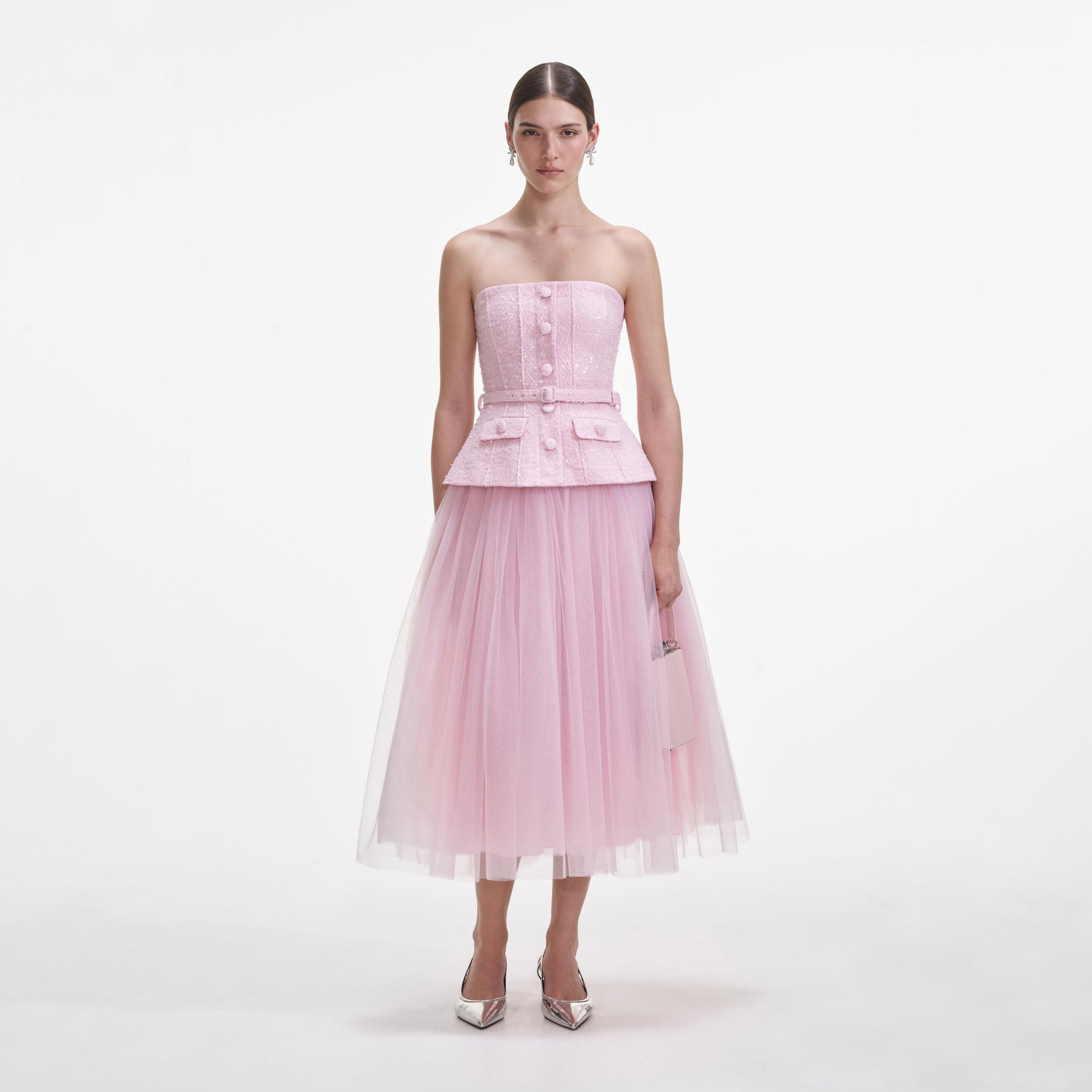 Pink Boucle Tulle Midi Dress Product Image