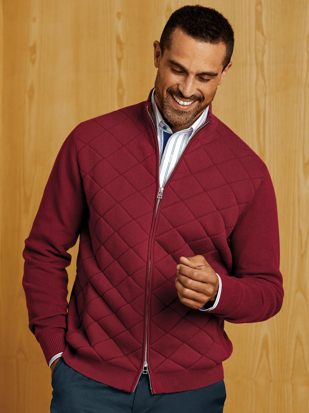 Cotton Full Zip Mock Neck Sweater - Burgundy Product Image