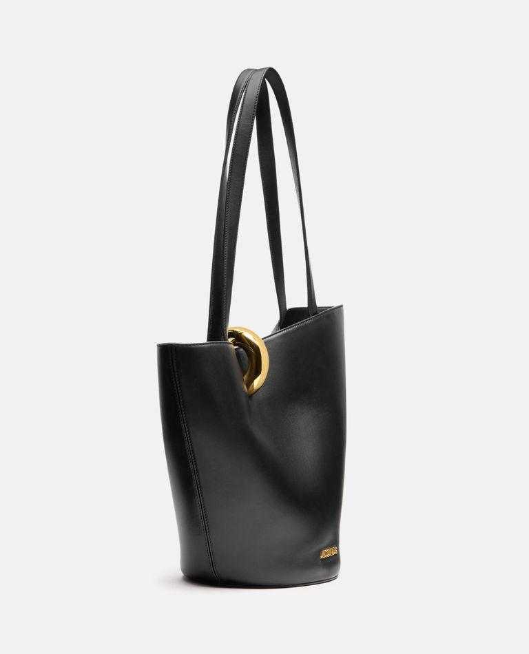 JACQUEMUS The Medium Bambola Asymmetric Leather Bucket Bag In Black 990 Product Image