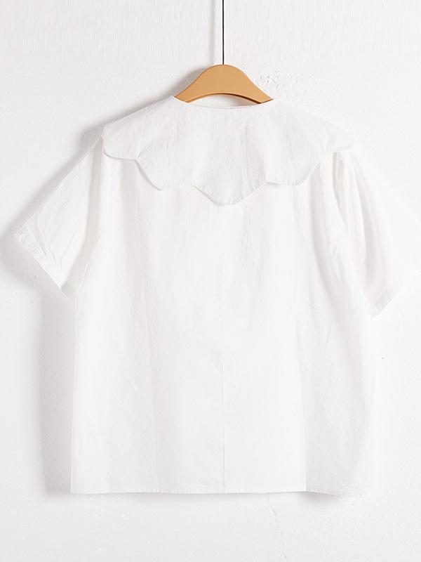 Loose Short Sleeves Solid Color Split-Joint Peter Pan Collar Blouses&Shirts Tops Product Image