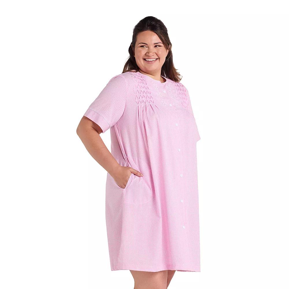 Plus Size Miss Elaine Essentials Seersucker Short Snap Robe, Women's, Size: 1XL, Pink White Check Product Image